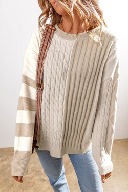Chaki Cable Knit Colorblock Crew pescoço Drop Sweter ombro