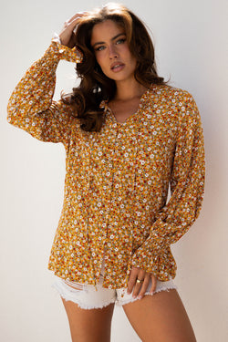 Chemisier d'automne orange à manches bouffantes et à volants floraux style Boho, col en V