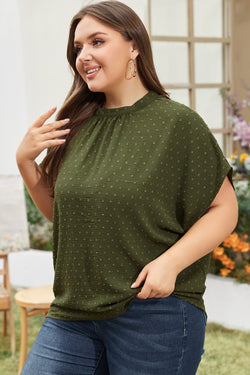 Moss Green Plus Size Swiss Dot Mock Neck Top