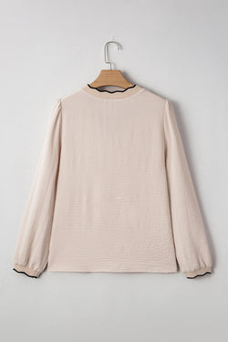 Jet Stream Contrast Scallop Trim V Neck Long Sleeve Blouse
