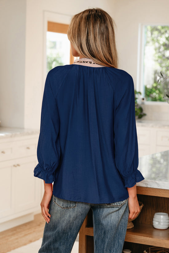 Violet Leopard Trim V Neck Flounced Bracelet Sleeve Blouse