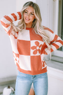Maglione a strisce floreali a scacchi marrone
