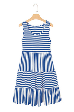 Sky Blue Stripe U Neck Maneveless Fit Fit Mini Vestido