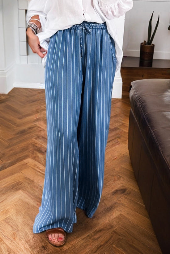 Sky Blue Stripe Chambray Wide Leg Tied Elastic Waist Trousers