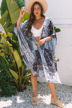 Blue Retro Retro Floral Long Long Loose Front Kimono Kimono