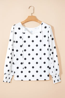 White Polka Dot Print Round Neck Frilled Long Sleeve Blouse