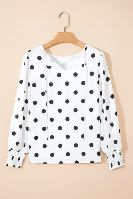 White Polka Dot Print Round Neck Frilled Long Sleeve Blouse