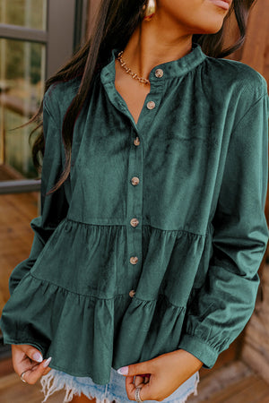 Skobeloff Corduroy Ruffle Triered Butrowled O pescoço camisa
