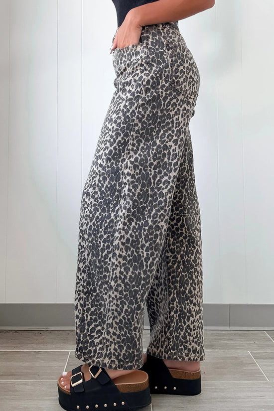 Jean baril taille haute noir imprimé léopard