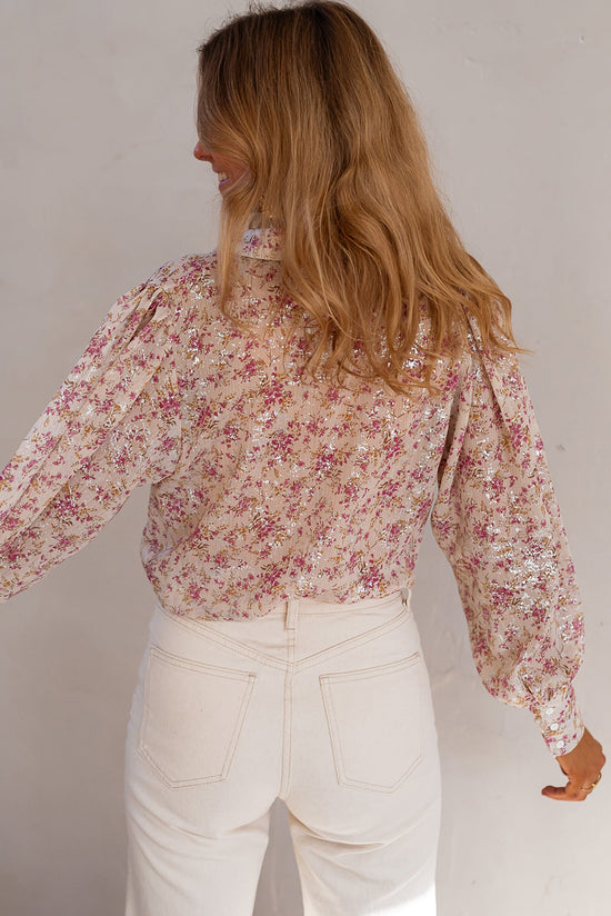 Sleeve a vescovo con stampa floreale rosa camicia a V colletto
