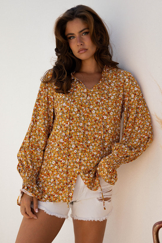 Camicetta autunnale con scollo a V e maniche a palloncino con volant floreale arancione Boho