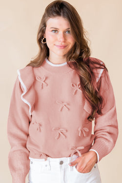 Maglione a maniche lunghe a costola a bowknot rosa rosa chiaro