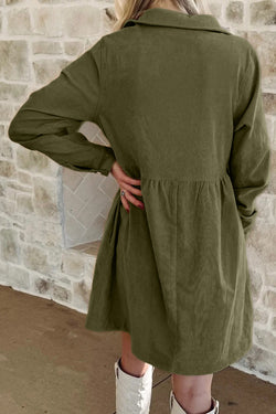 Oatmeal Corduroy Half Button Collared Long Sleeve Mini Dress
