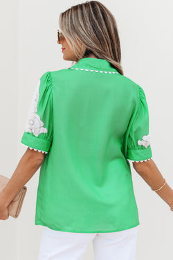 Green Floral Ric Rac Edge Solle Sleeve Botton Up Sump