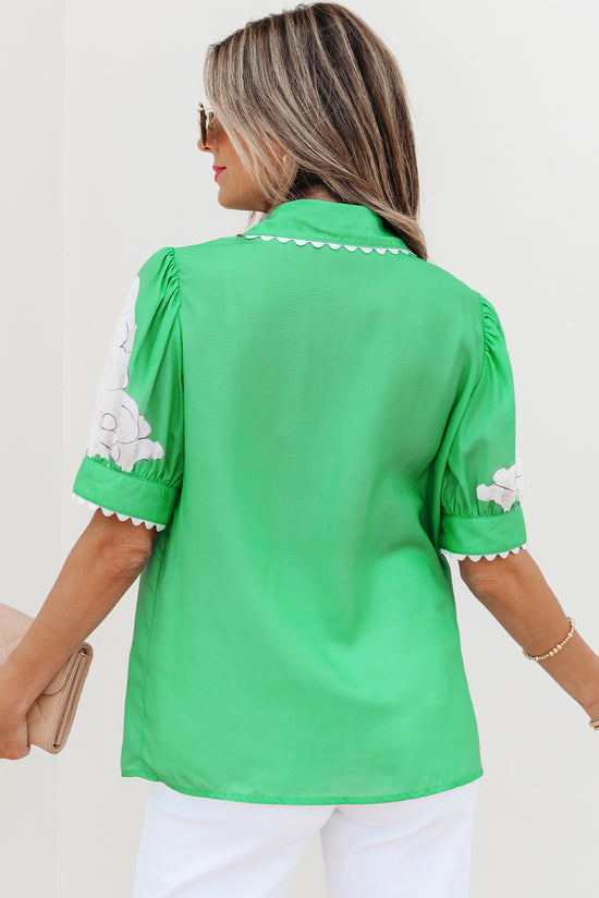 Green Floral Ric Rac Edge Solle Sleeve Botton Up Sump
