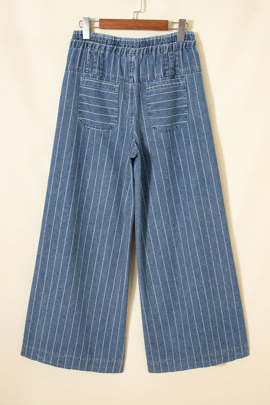 Vaqueros de pierna ancha casual con cordón plisado y botones a rayas azul cielo