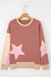 Rose rosa contrast estrella mosaico expuesto costura desigual de dobladillo sudadera de hombro