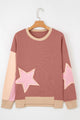Rose Pink Contrast Star Patchwork Exposed Seam Uneven Hem Drop Shoulder Sweatshirt