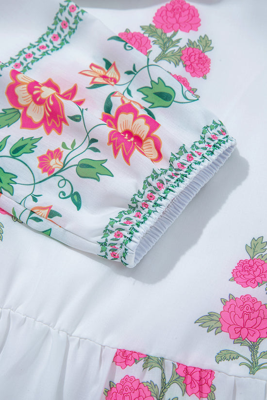 Robe longue blanche à imprimé floral et demi-bouton col mandarin manches 3/4
