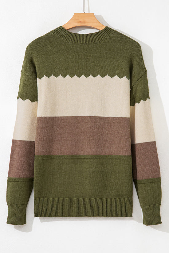 Brown Colorblock Crew Neck Drop Shoulder Sweater
