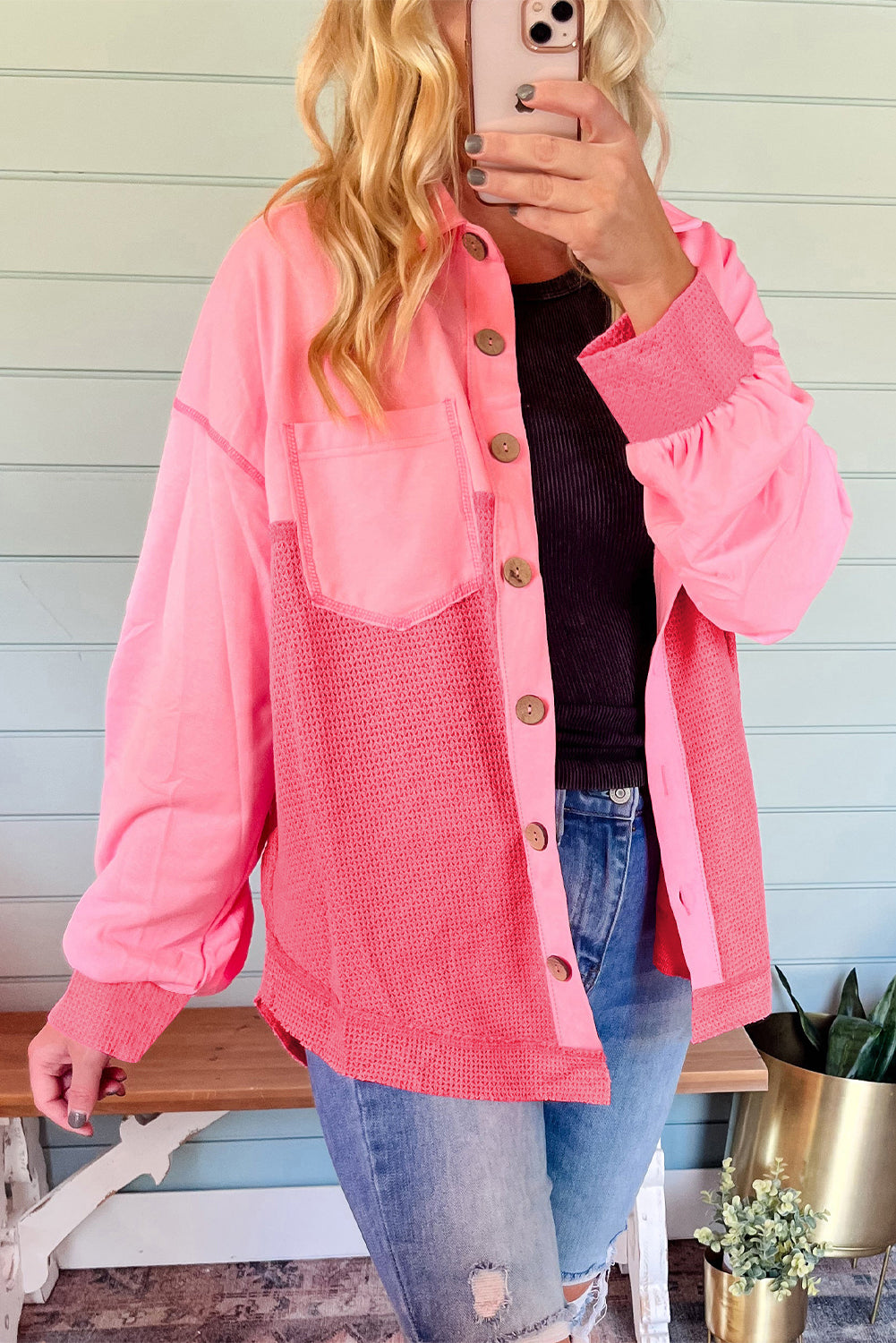 Peach Blossom Two Tone Contrast Waffle Knit Botoned Loose Chacket