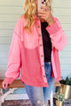 Peach Blossom Two Tone Contrast Waffle Knit Botoned Loose Chacket