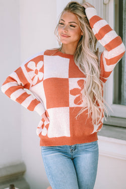 Maglione a strisce floreali a scacchi marrone