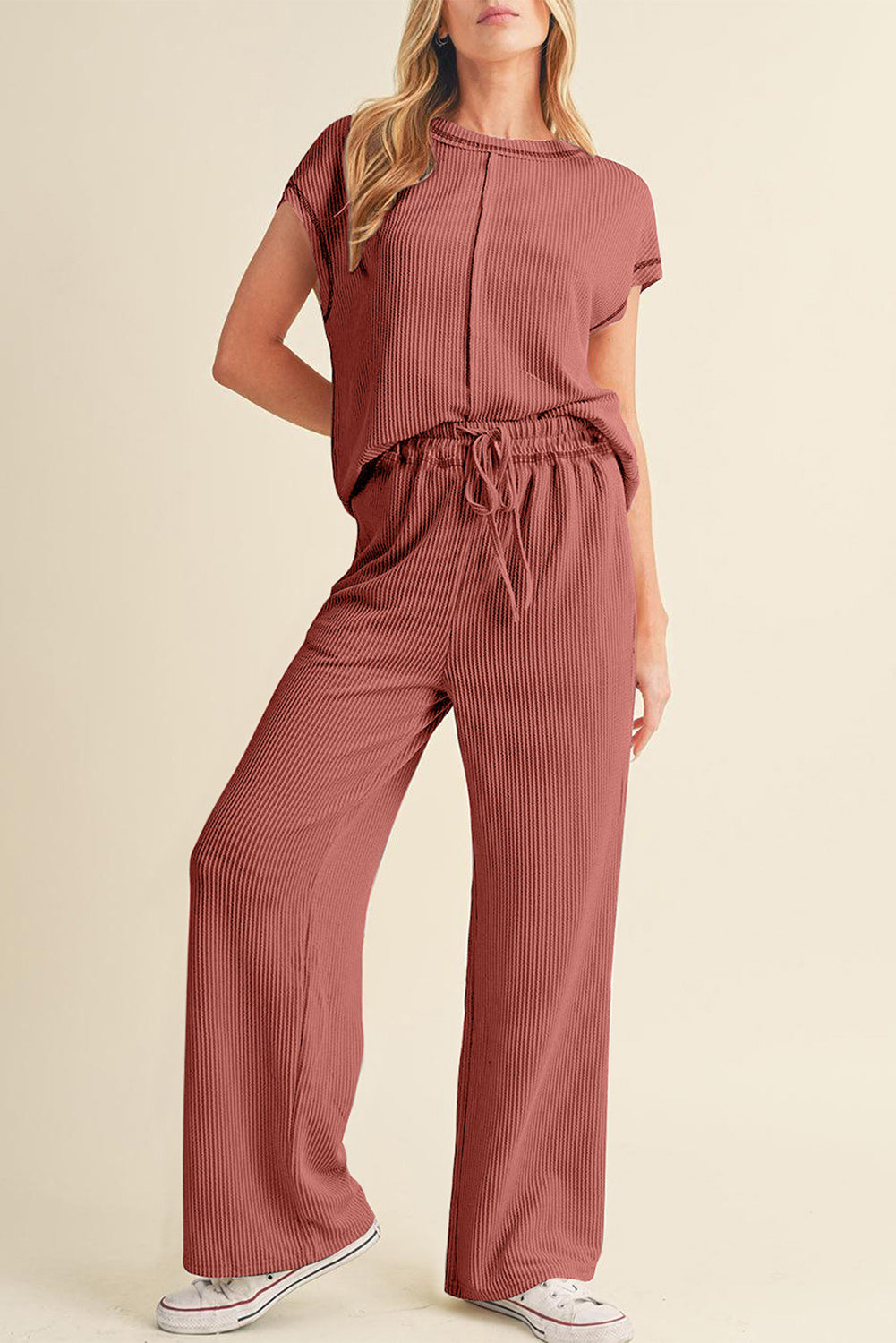Azul marino azul sólido sólido tapa de manga corta y pantalones casuales set