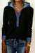 Black Ribbed Knit Contrast Denim Patchwork Hooded Long Sleeve Top