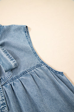 Beau Blue Bowknot Neck sin mangas con volantes Vestido de chambray