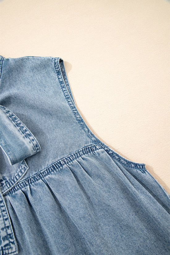 Beau Blue Bowknot Neck sin mangas con volantes Vestido de chambray