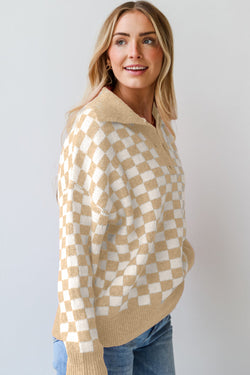 Botões quadriculados rosa colar V de pescoço Drop Sweater