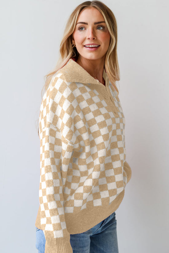 Botões quadriculados rosa colar V de pescoço Drop Sweater