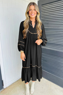 Vestido midi ribete de leopardo en contraste cuello dividido manga larga informal negro