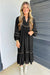 Robe midi bordure léopard contrastée col fendu manches longues décontracté noir