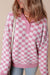 Botões quadriculados rosa colar V de pescoço Drop Sweater