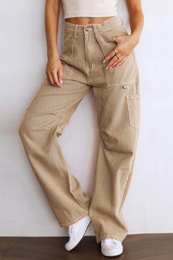 Pantalon cargo de la jambe droite de la taille haute kaki avec des poches
