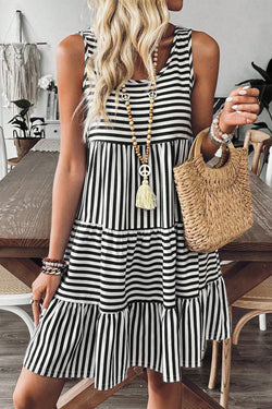 Sky Blue Stripe U Neck Maneveless Fit Fit Mini Vestido
