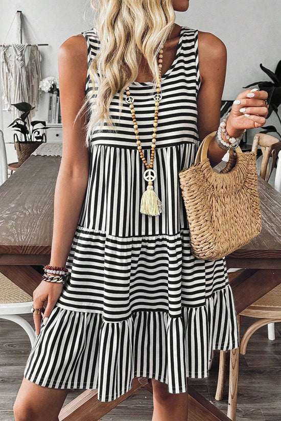 Sky Blue Stripe U Neck Maneveless Fit Fit Mini Vestido