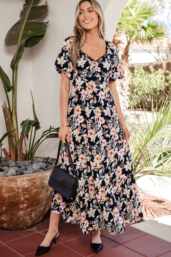 Blue Short Sleeve Smocked Detail High Waist Floral Maxi Dress