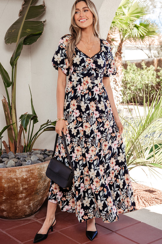 Blue Short Sleeve Smocked Detail High Waist Floral Maxi Dress