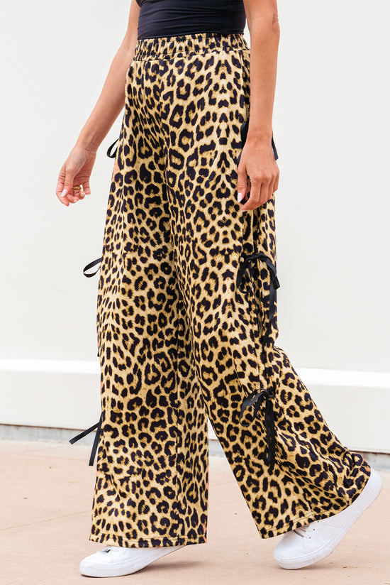 Calça de cintura elástica de cordão de cordão de estampa de leopardo integral marrom