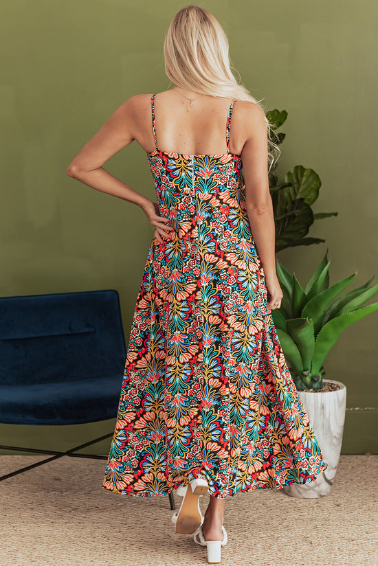 Black Boho Floral Impresión delgada Correos sin mangas MAXI MAXI Vestido