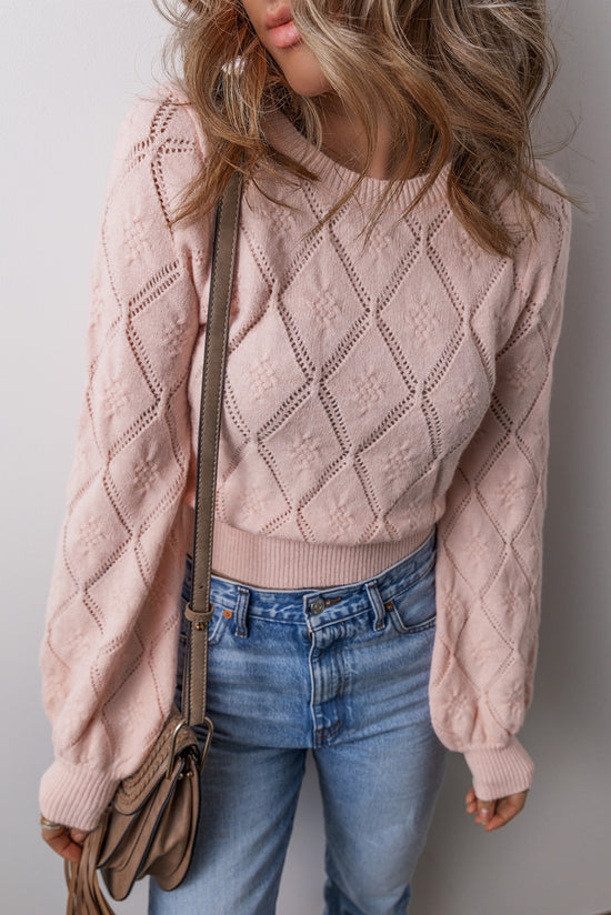 Gossamer Pink Open Work Plaid Puff Sleeve Cropped Sweater