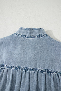 Beau Blue Bowknot Neck sin mangas con volantes Vestido de chambray