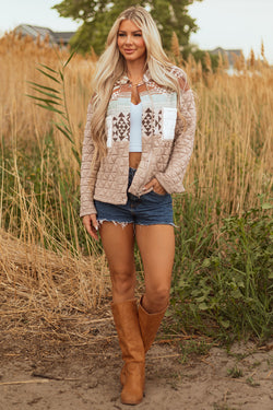 Light French Beige Aztec Quilted Patchwork Western Fashion Jacket