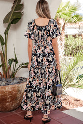 Blue Short Sleeve Smocked Detail High Waist Floral Maxi Dress