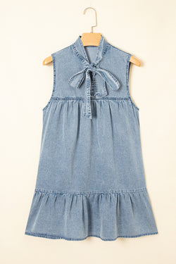 Beau Blue Bowknot Neck sin mangas con volantes Vestido de chambray