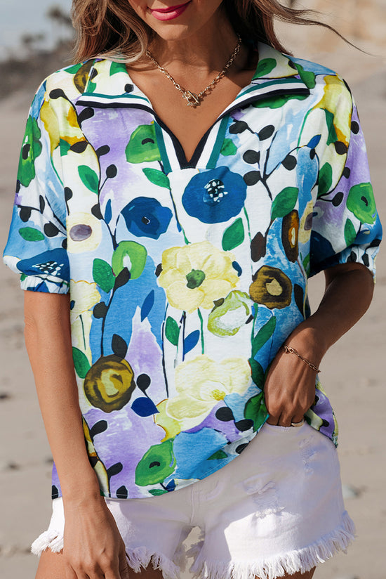 Blusa de manga curta rosa de estampa floral com estampa floral V de pescoço