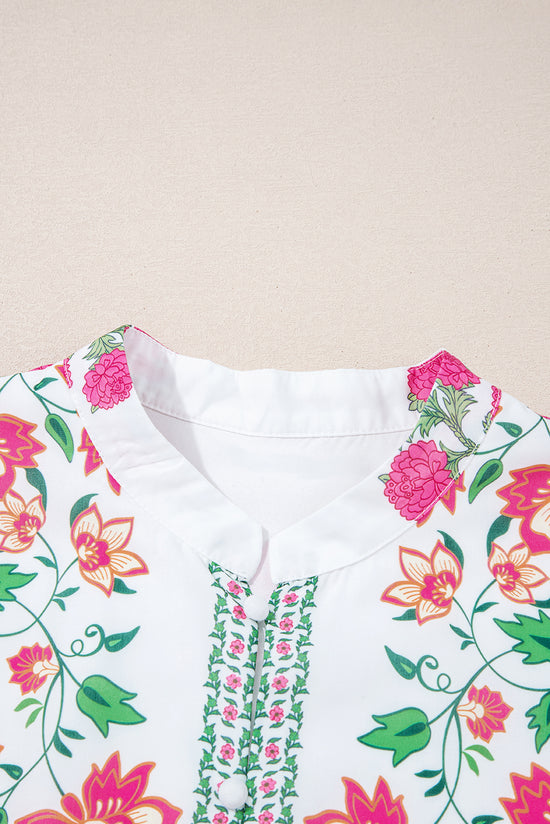 Robe longue blanche à imprimé floral et demi-bouton col mandarin manches 3/4